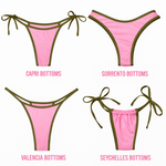 Four styles of pink and olive green bikini bottoms: Capri, Sorrento, Valencia, Seychelles.