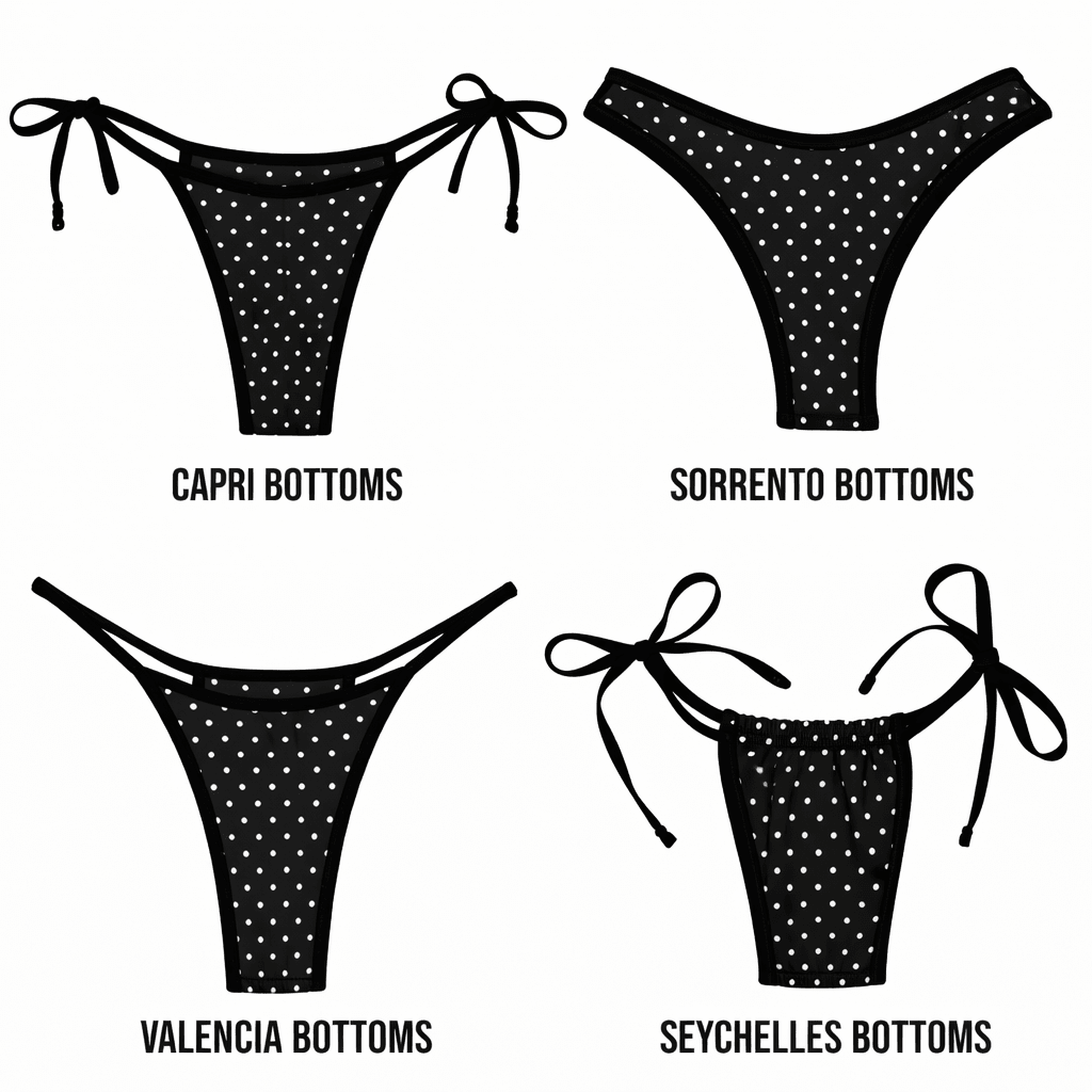 Four black polka dot bikini bottoms styles: Capri, Sorrento, Valencia, and Seychelles.