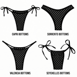 Four black polka dot bikini bottoms styles: Capri, Sorrento, Valencia, and Seychelles.