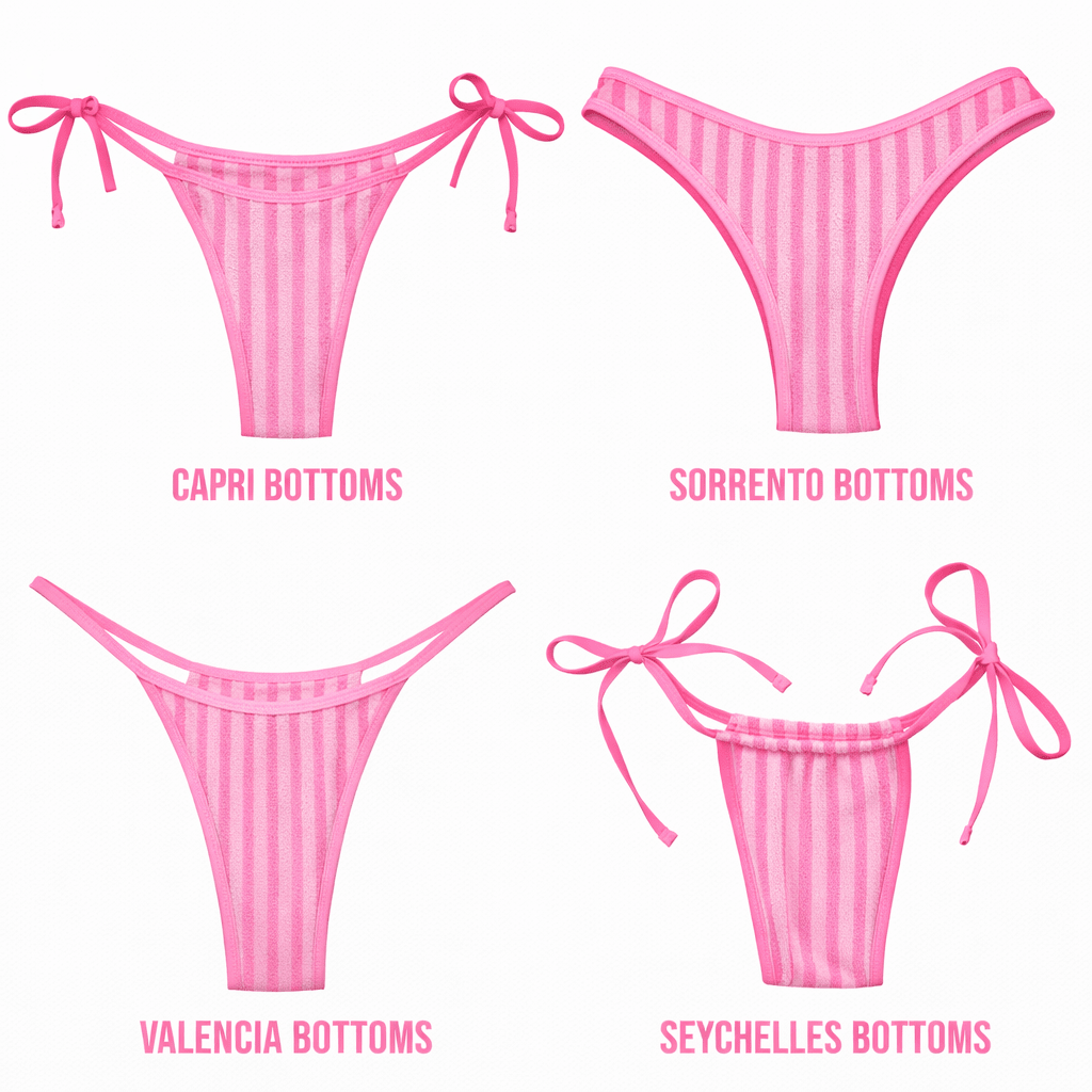 Four pink striped bikini bottoms in different styles: Capri, Sorrento, Valencia, Seychelles.