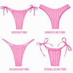 Four pink striped bikini bottoms in different styles: Capri, Sorrento, Valencia, Seychelles.