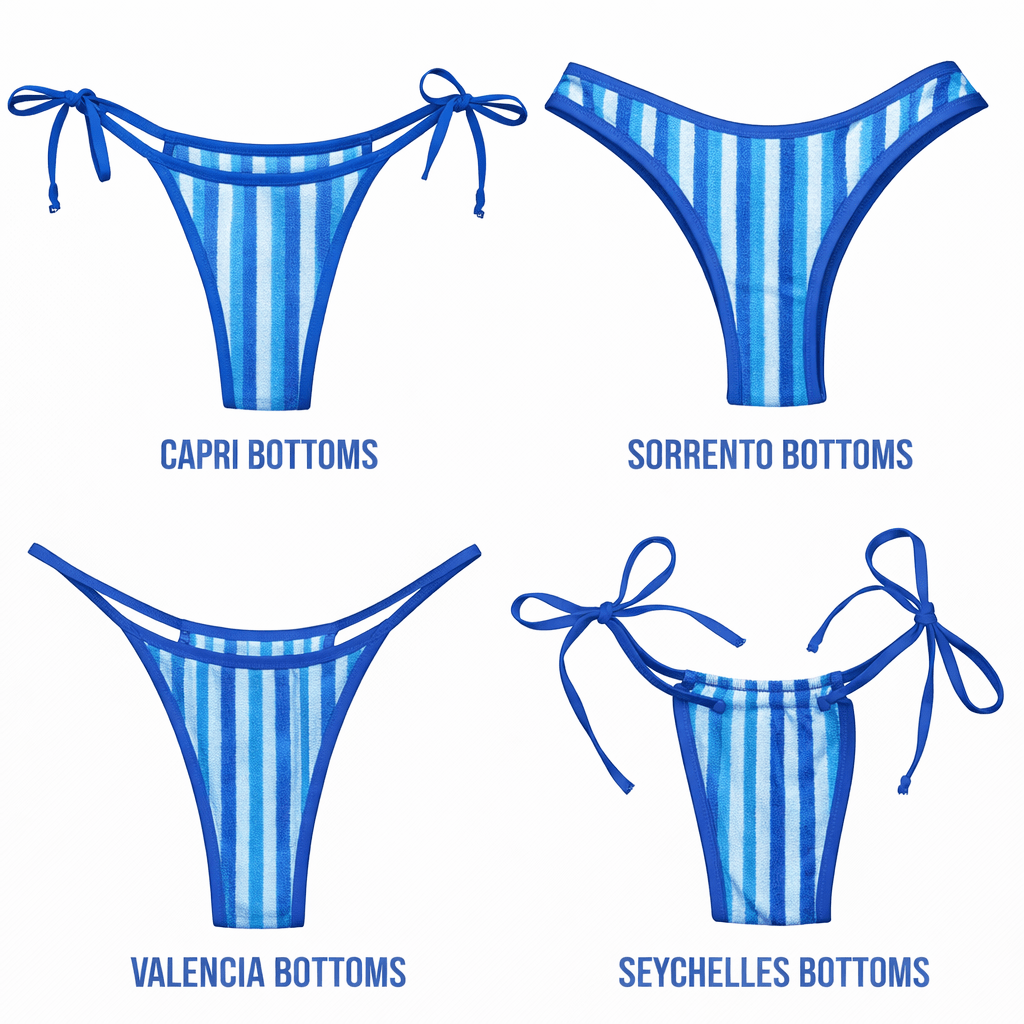 Four blue striped bikini bottoms styles: Capri, Sorrento, Valencia, Seychelles.