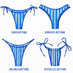 Four blue striped bikini bottoms styles: Capri, Sorrento, Valencia, Seychelles.