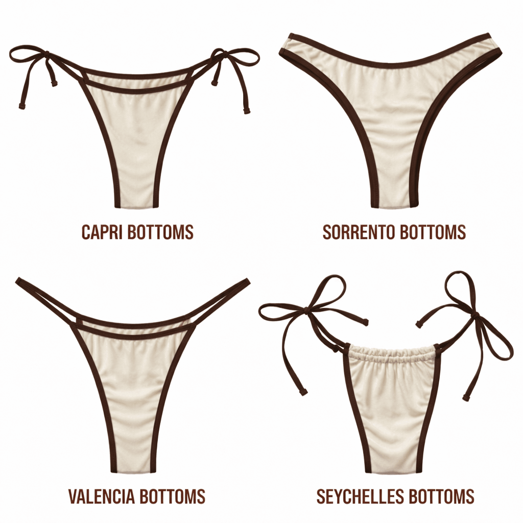 Four cream and brown bikini bottom styles—Capri, Sorrento, Valencia, Seychelles—displayed on white background.