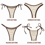 Four cream and brown bikini bottom styles—Capri, Sorrento, Valencia, Seychelles—displayed on white background.