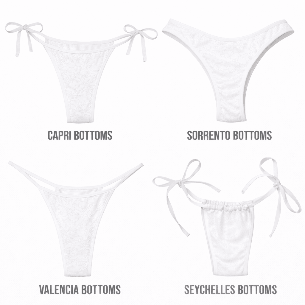 Four styles of white bikini bottoms, including tie-side and high-cut designs, displayed on white background.