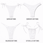 Four styles of white bikini bottoms, including tie-side and high-cut designs, displayed on white background.