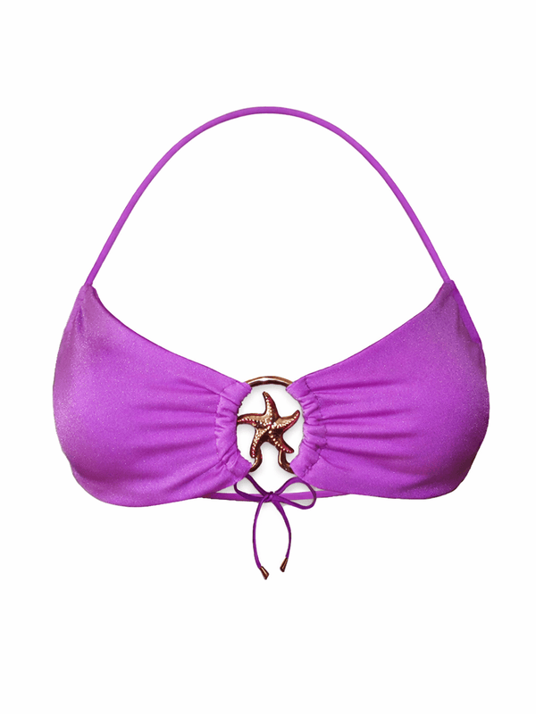 Purple bikini top with a starfish ring accent and halter strap, handmade swimwear