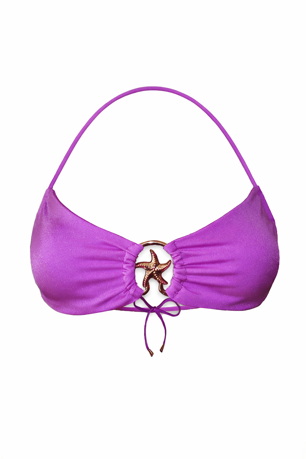 Purple bikini top with a starfish ring accent and halter strap, handmade swimwear