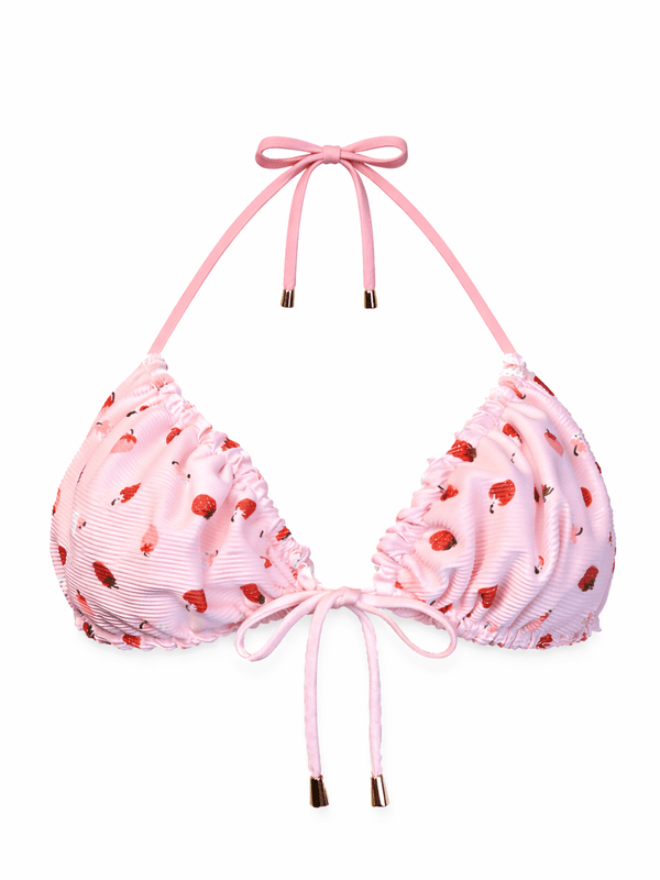 Pink ruched bikini top with strawberry print and adjustable tie straps, handmade swimwear