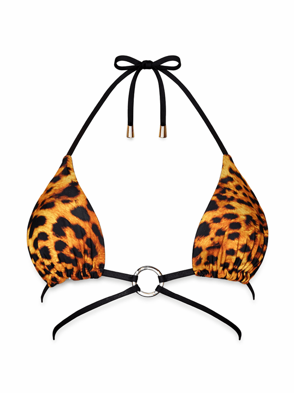 Leopard print bikini top with black straps and metal ring center, reversible swimwear