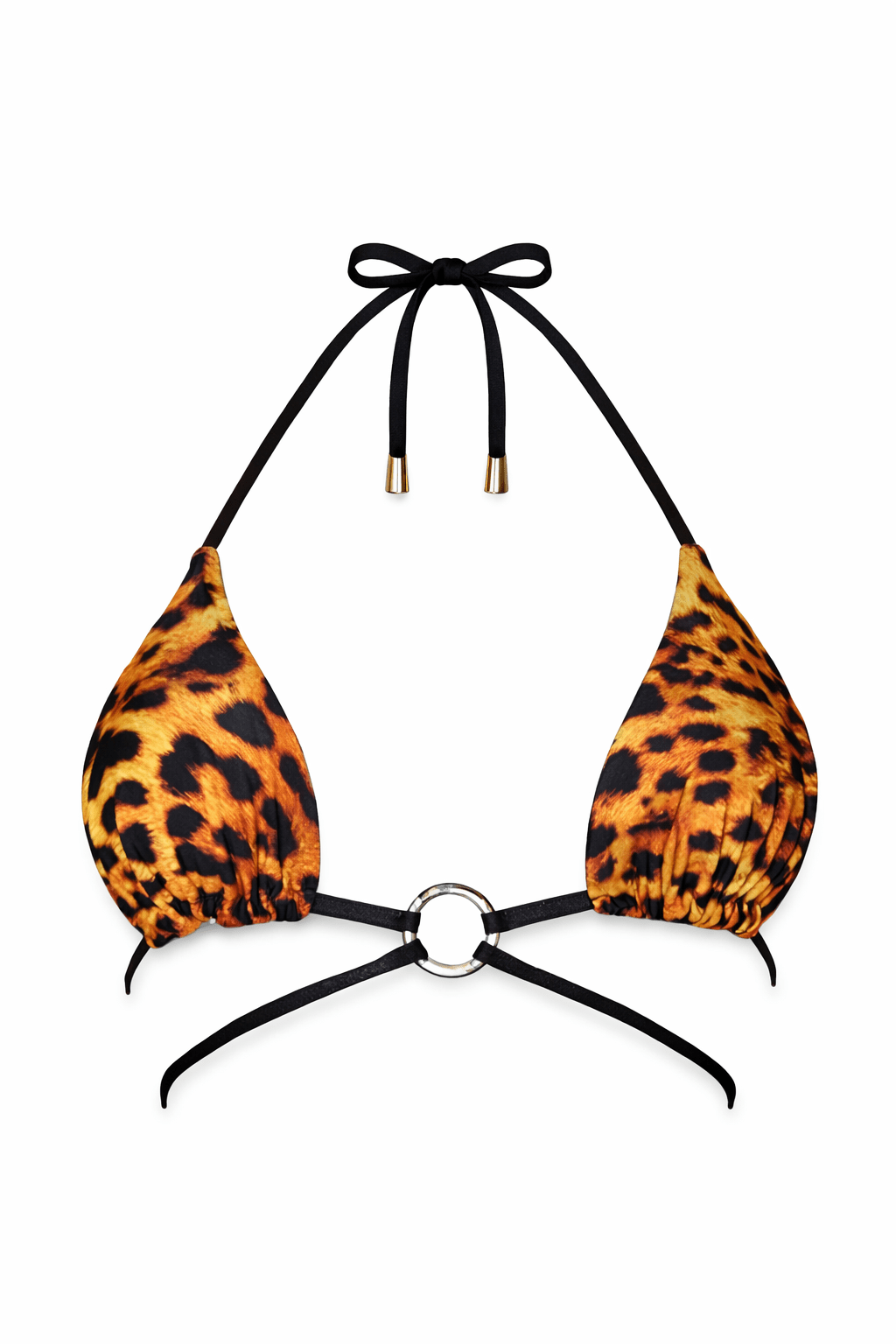 Leopard print bikini top with black straps and metal ring center, reversible swimwear