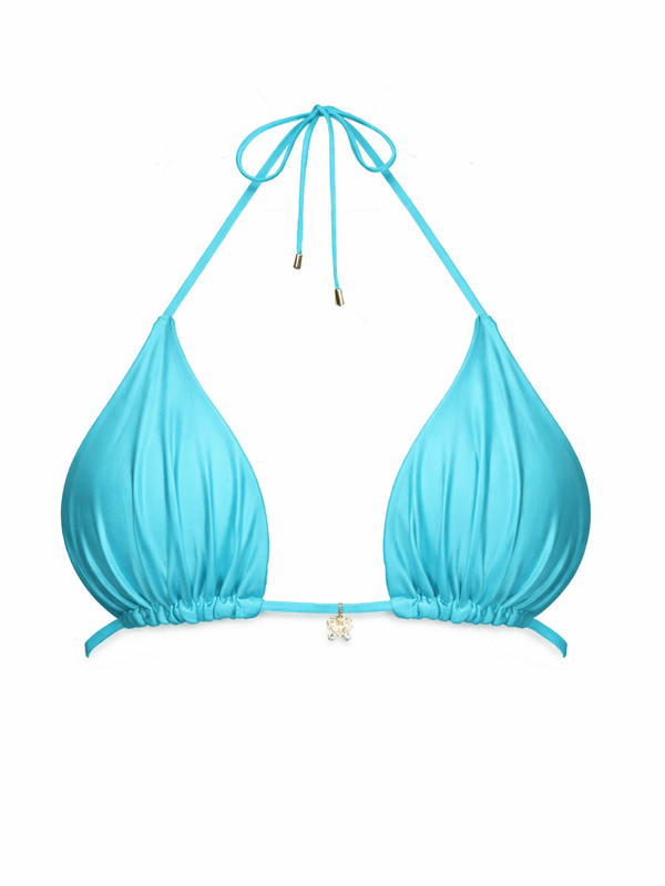 Light blue handmade triangle bikini top with gold beaded accent on white background
