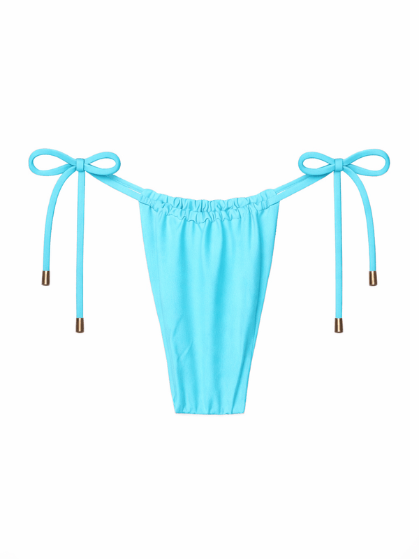 Light blue bikini bottom with side ties and gold bead accents on white background