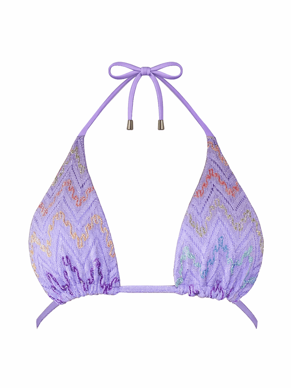 Lilac halter bikini top with colorful zigzag embroidery on textured fabric