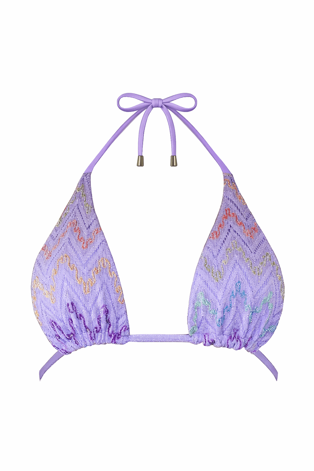 Lilac halter bikini top with colorful zigzag embroidery on textured fabric