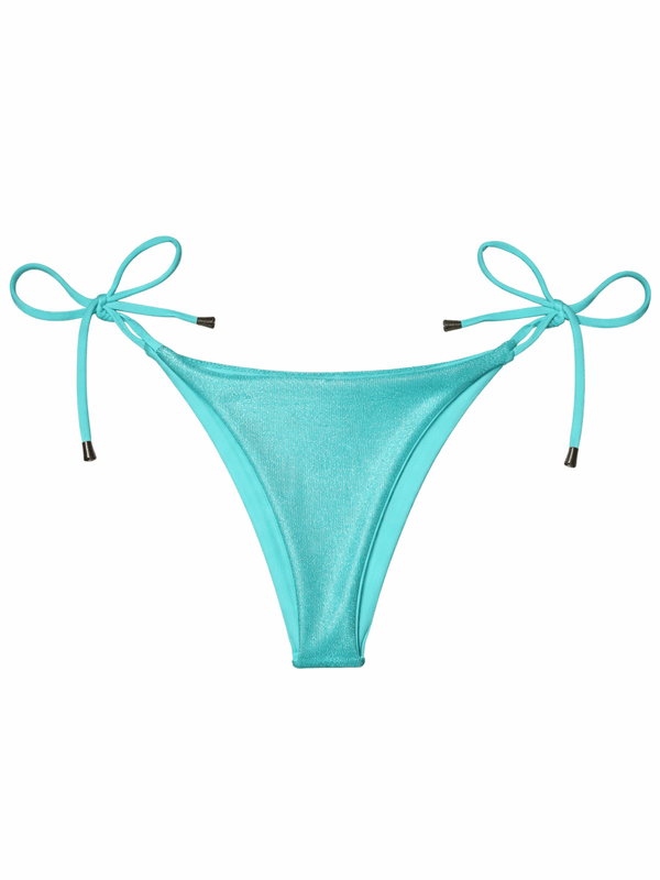 Turquoise bikini bottom with adjustable side tie strings, displayed on white background