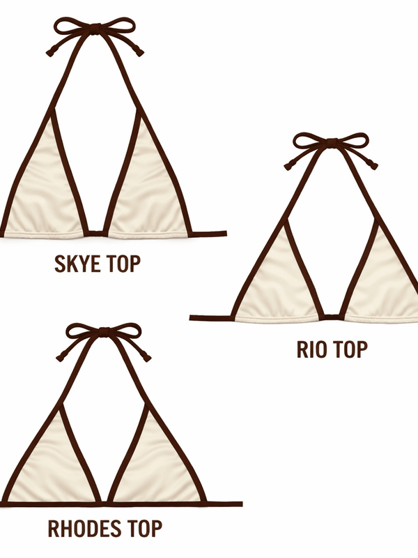 Three reversible bikini top styles in cream with brown trim: Skye Top, Rio Top, Rhodes Top.