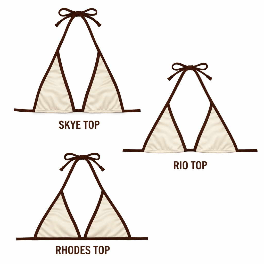 Three reversible bikini top styles in cream with brown trim: Skye Top, Rio Top, Rhodes Top.