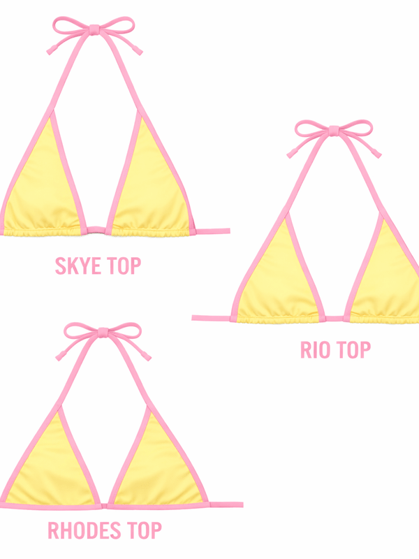 Yellow bikinis with pink trim in Skye, Rio, and Rhodes triangle top styles on white background.