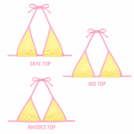 Yellow bikinis with pink trim in Skye, Rio, and Rhodes triangle top styles on white background.