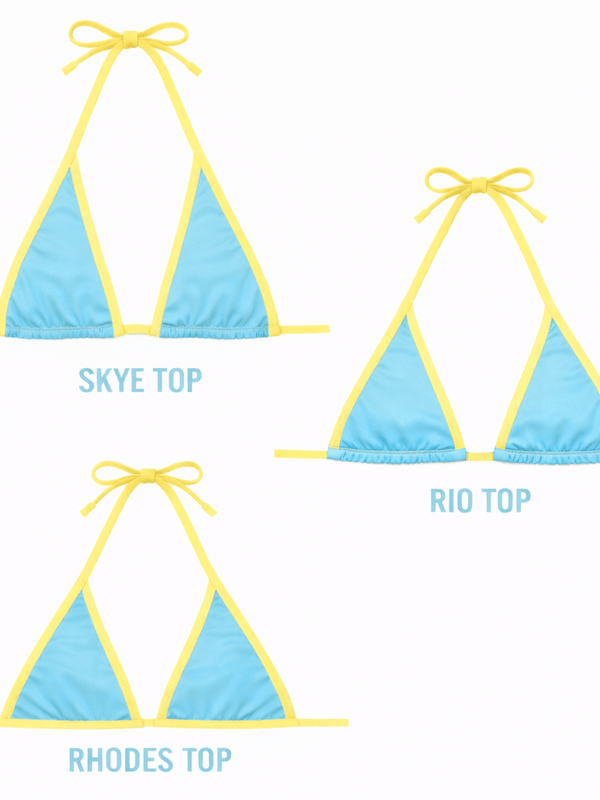 Three blue and yellow reversible bikini tops labeled Skye Top, Rio Top, and Rhodes Top.