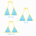 Three blue and yellow reversible bikini tops labeled Skye Top, Rio Top, and Rhodes Top.