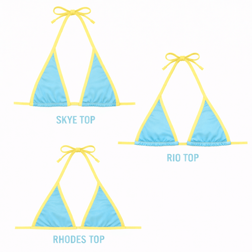 Three blue and yellow reversible bikini tops labeled Skye Top, Rio Top, and Rhodes Top.
