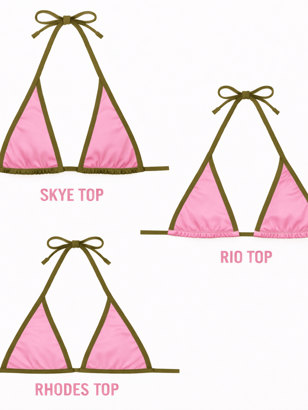 Pink and olive reversible bikini tops in Skye, Rio, and Rhodes styles on white background