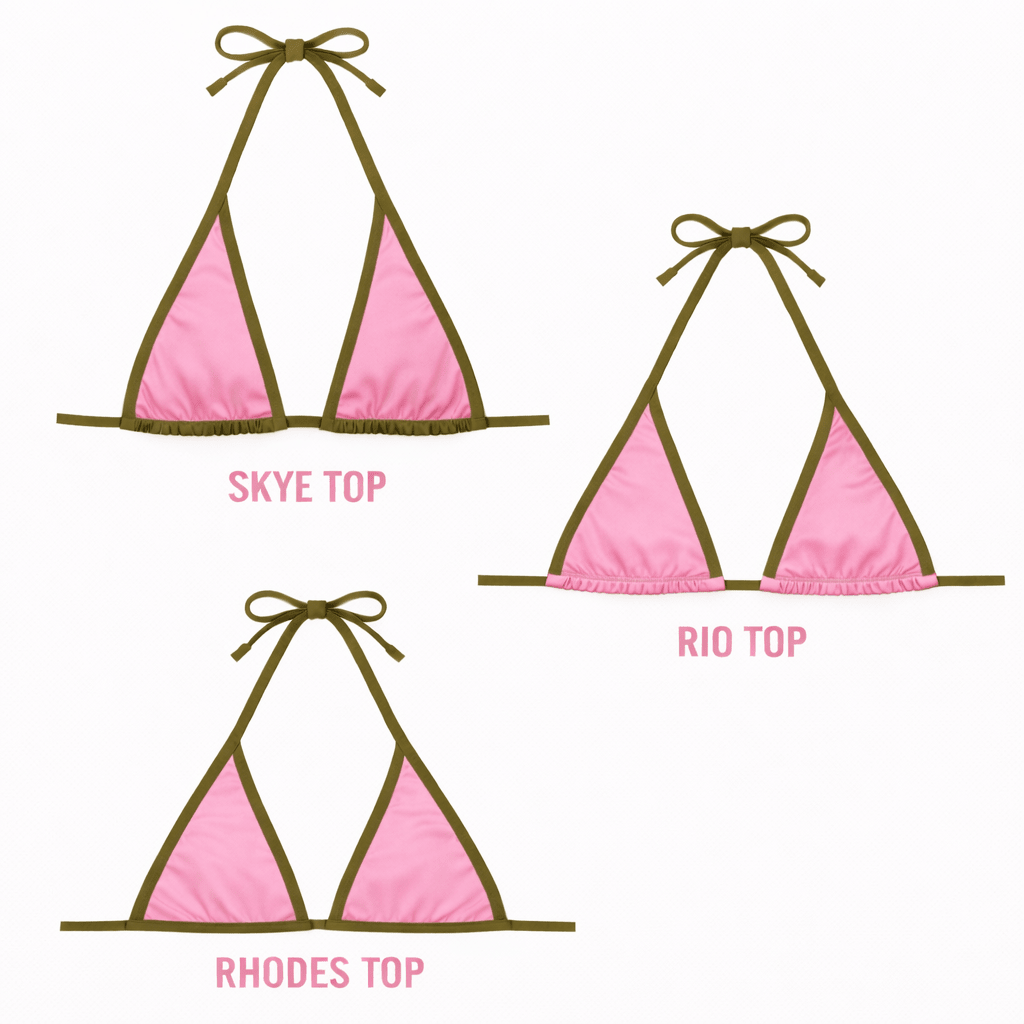 Pink and olive reversible bikini tops in Skye, Rio, and Rhodes styles on white background