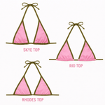Pink and olive reversible bikini tops in Skye, Rio, and Rhodes styles on white background