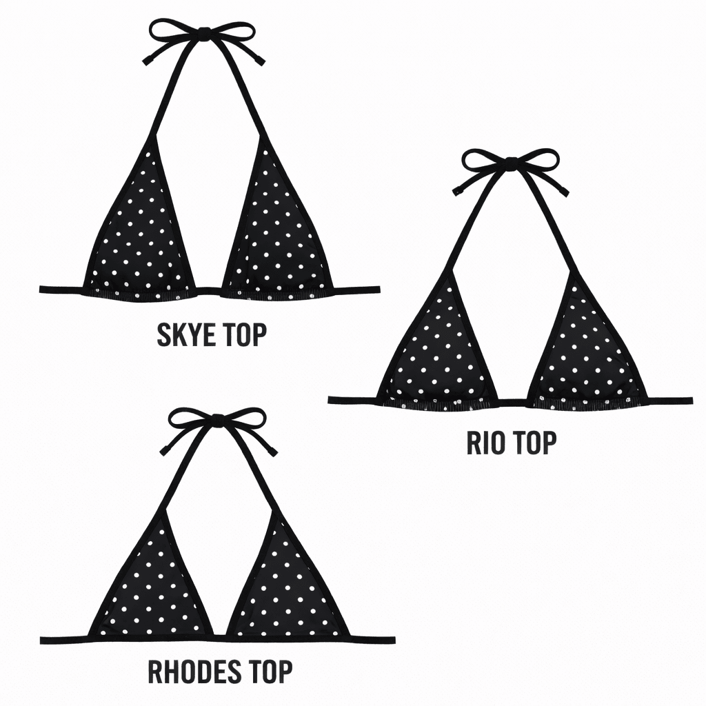 Three styles of black polka dot triangle bikini tops labeled Skye Top, Rio Top, and Rhodes Top.