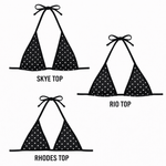 Three styles of black polka dot triangle bikini tops labeled Skye Top, Rio Top, and Rhodes Top.