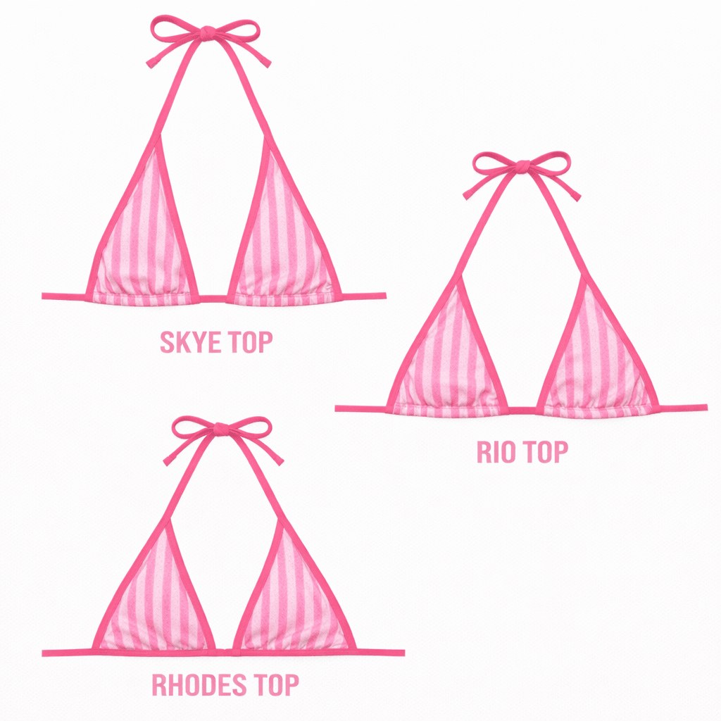 Three pink striped reversible bikini tops—Skye, Rio, and Rhodes—on white background.