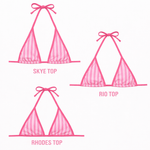 Three pink striped reversible bikini tops—Skye, Rio, and Rhodes—on white background.