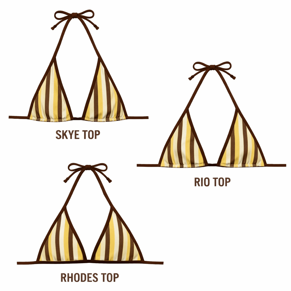 Three handmade striped bikini tops in brown and yellow, labeled Skye, Rio, and Rhodes top.