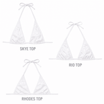 Three white triangle bikini tops labeled Skye Top, Rio Top, and Rhodes Top