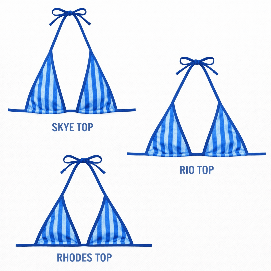 Three blue striped bikini tops labeled Skye Top, Rio Top, and Rhodes Top on white background.