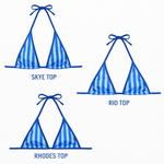 Three blue striped bikini tops labeled Skye Top, Rio Top, and Rhodes Top on white background.