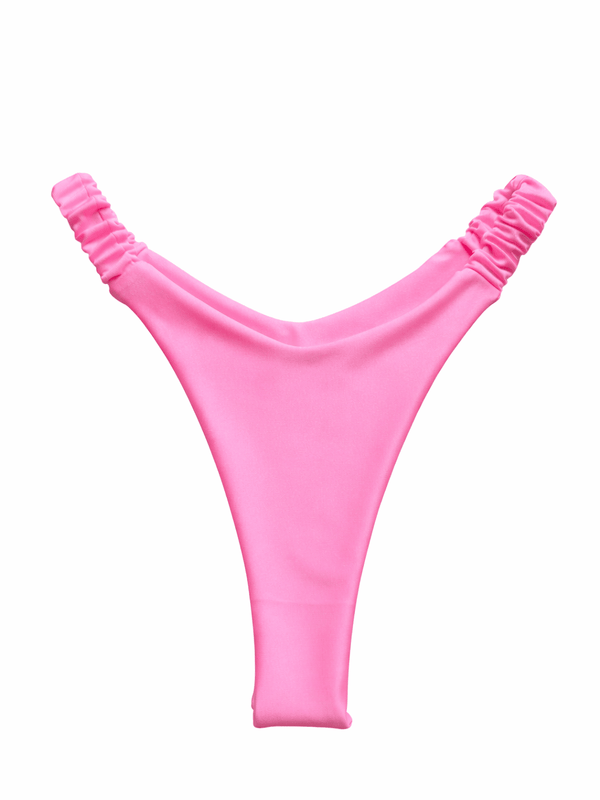 Pink ruched bikini bottom, high cut swimwear with scrunched sides on white background