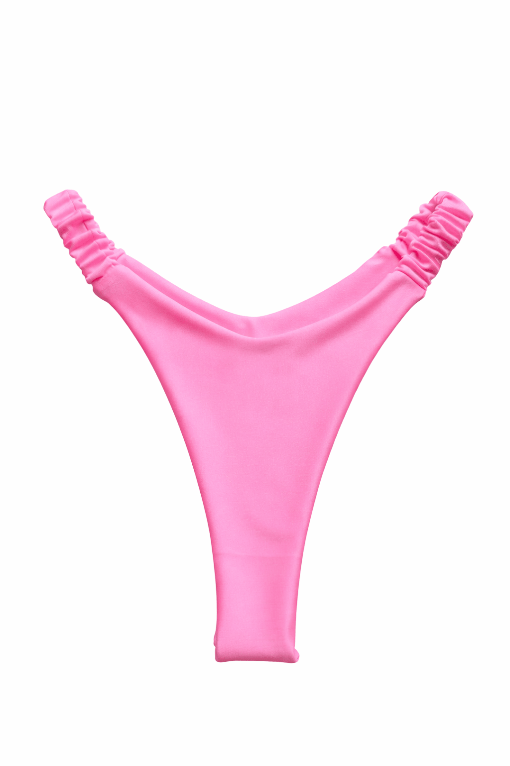Pink ruched bikini bottom, high cut swimwear with scrunched sides on white background