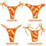 Four orange and white tie-dye bikini bottoms styles on white background: Capri, Sorrento, Valencia, Seychelles.