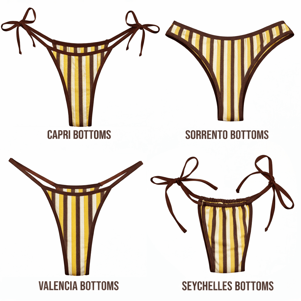Four striped bikini bottom styles in yellow, brown, and white: Capri, Sorrento, Valencia, Seychelles.