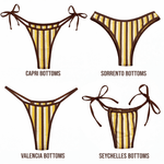 Four striped bikini bottom styles in yellow, brown, and white: Capri, Sorrento, Valencia, Seychelles.