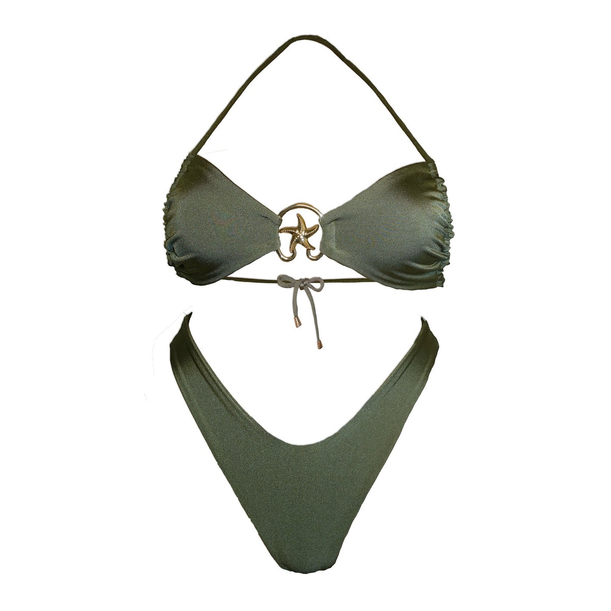 Olive green bikini set with starfish ring detail and adjustable halter ties.