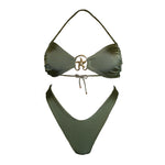 Olive green bikini set with starfish ring detail and adjustable halter ties.