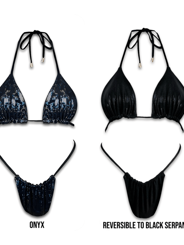 Handmade reversible bikini set, shown in Onyx print and solid black Serpant, with tie straps.