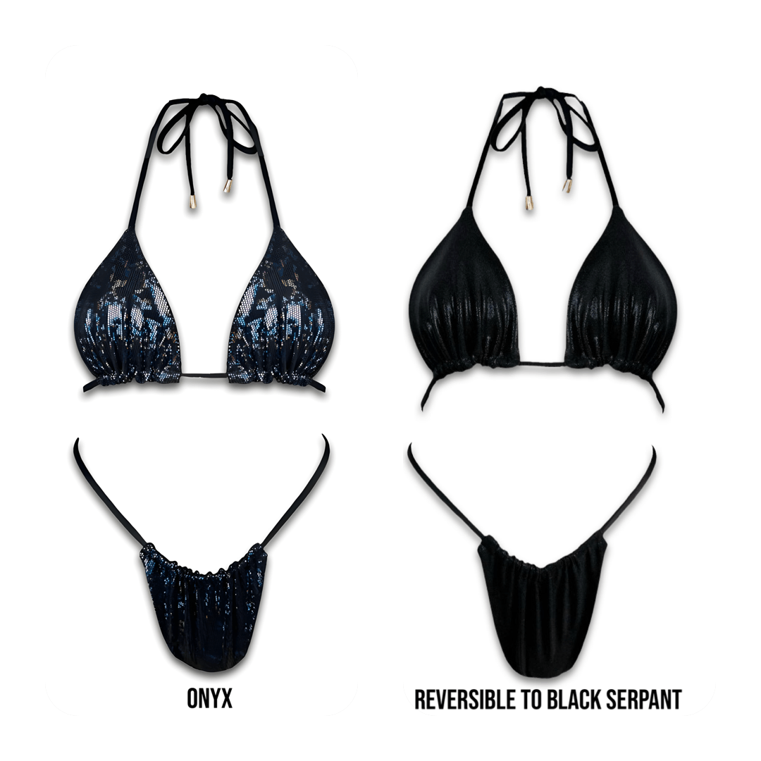 Handmade reversible bikini set, shown in Onyx print and solid black Serpant, with tie straps.