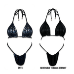 Handmade reversible bikini set, shown in Onyx print and solid black Serpant, with tie straps.