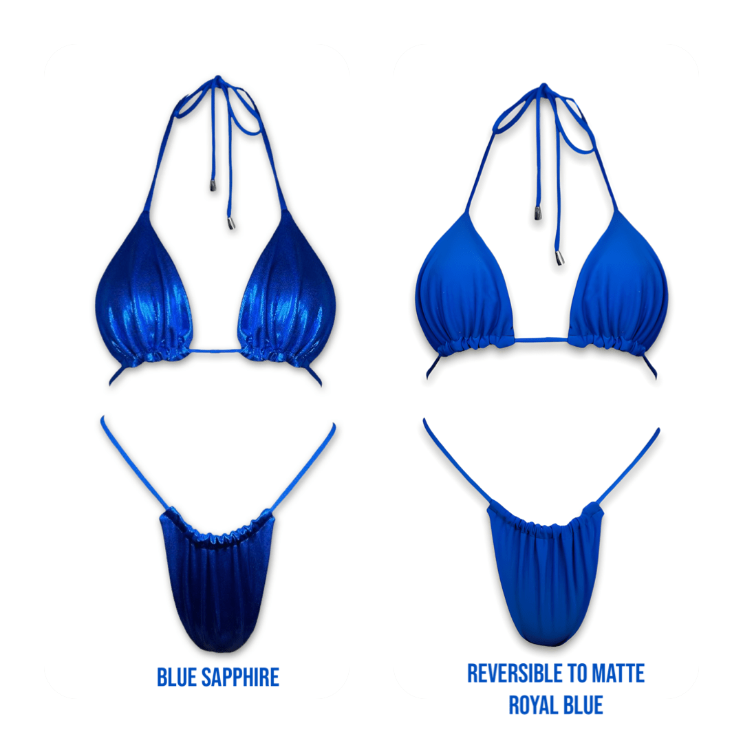 Reversible blue bikini set in shiny sapphire and matte royal blue fabric, front view
